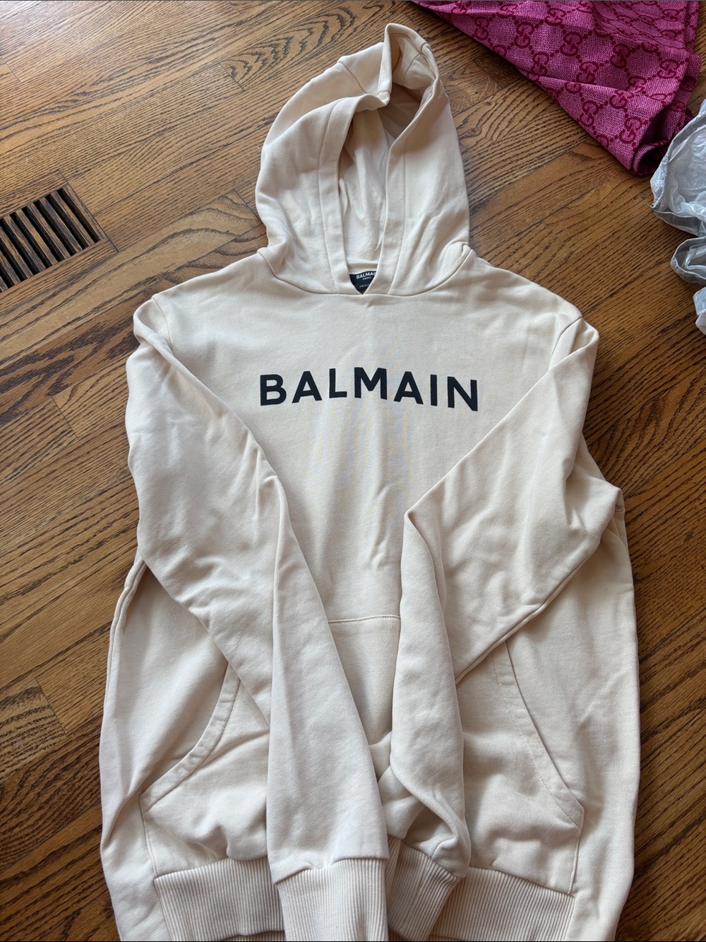 Balmain Cream Hoodie with Black Logo